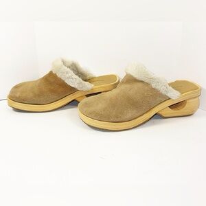 Vtg Y2K Skechers Something Else Faux Fur Clog Slip On Suede Mule Chunky Beige 9